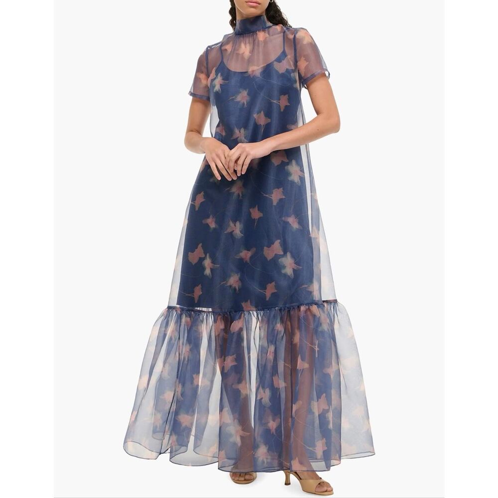 STAUD Calluna Ruffled Sheer Floral Organza Gown IN Lapis Floral Size Large $495 - Picture 1 of 9